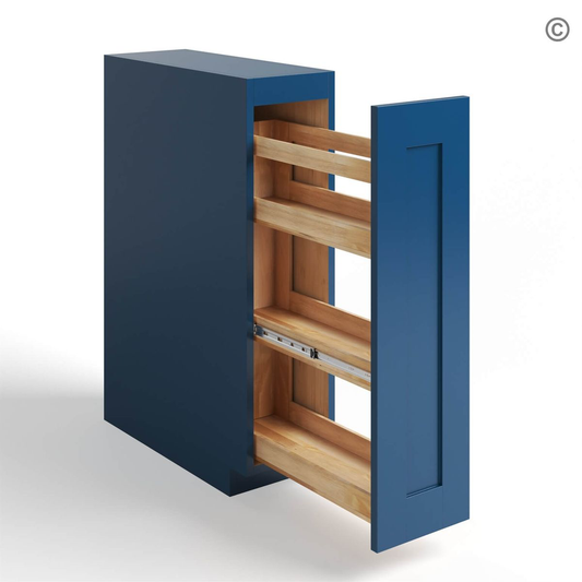 Blue cabinet with open door revealing wooden shelves on a white background at USA Cabinets Outlet