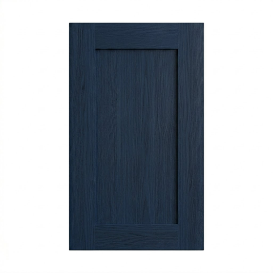 A single-panel cabinet door with a raised rectangular inset, shown in a dark navy blue woodgrain finish against a plain white background.| USA Cabinets Outlet|