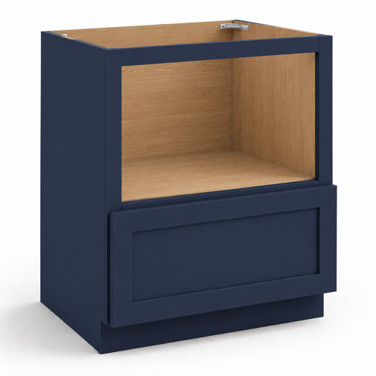 Navy blue cabinet with wooden interior on a white background|USA Cabinets Outlet|