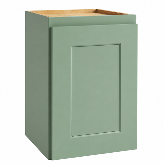 A single cabinet base unit in sage green with a recessed shaker-style door and a light natural wood top, shown on a plain white background.|USA Cabinets Outlet|