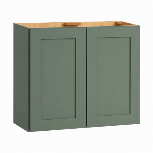 A two-door wall cabinet with sage green shaker-style doors and a natural wood top interior, shown on a plain white background.| USA Cabinets Outlet |