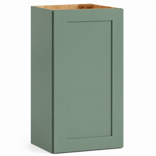A single tall kitchen cabinet shown on a clean white background. The cabinet features a muted sage green shaker-style door with a recessed panel design and a natural light wood interior visible at the top.|USA Cabinets Outlet |