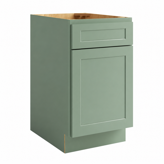 A single base kitchen cabinet shown on a plain white background. The cabinet features a sage green painted finish on the front and sides, with a natural unfinished wood top and a light wood drawer front.|USA Cabinets Outlet |