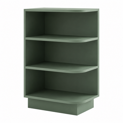 A three-tier bookcase with a modern curved design, finished in a muted sage green color, shown against a plain white background.|USA Cabinets Outlet |