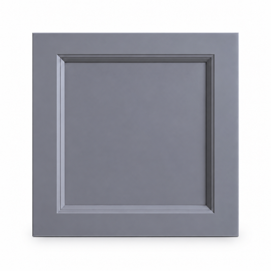 Light Gray Shaker cabinet door sample with recessed center panel, detailed beveled frame, and smooth gray finish on a white background.