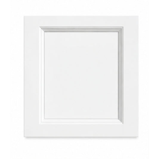 Classic White Shaker cabinet door sample featuring a recessed center panel, beveled frame detailing, and smooth white finish on a clean white background.