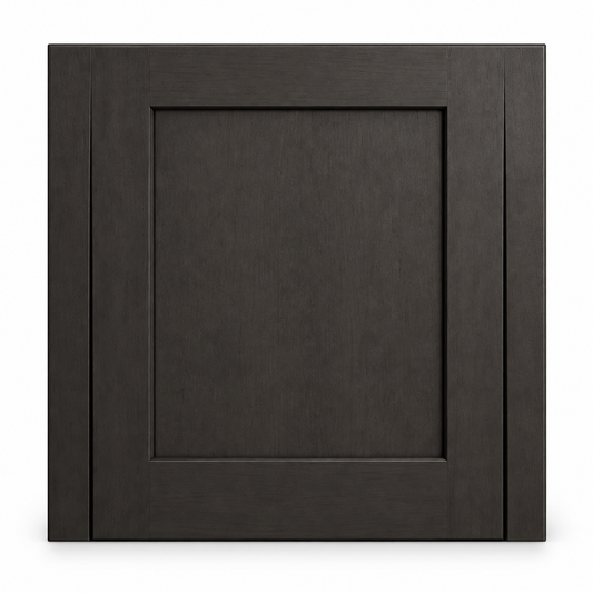 A single dark brown shaker-style cabinet door with a recessed center panel, shown against a plain white background.
