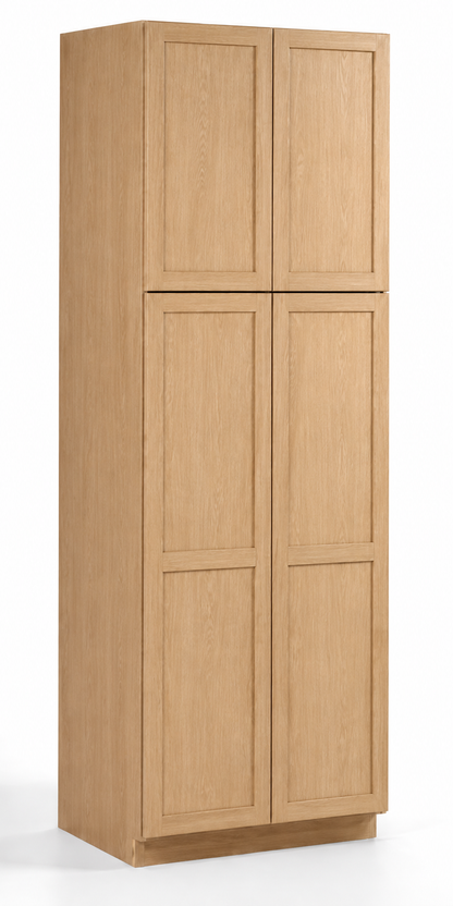Slim Natural Oak Shaker 30"W x 24"D Pantry Cabinet with 4 Doors — 2 Upper / 2 Lower
