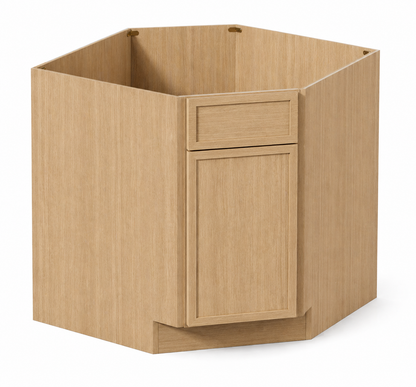 Slim Natural Oak Shaker Corner Sink Base Cabinet with False Drawer