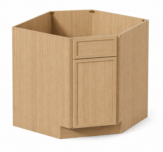 Slim Natural Oak Shaker Corner Sink Base Cabinet with False Drawer