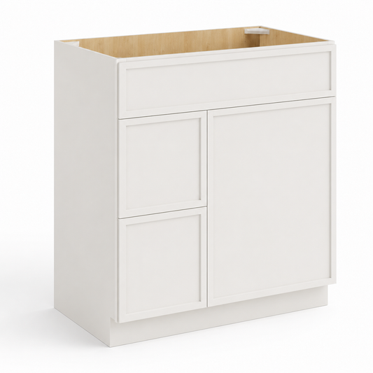 Slim white Shaker Vanity Combo Cabinet with 2 Right Drawers