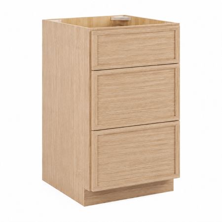 A three-drawer wooden cabinet base with a light oak finish, shown from a three-quarter angle on a solid white background| USA Cabinets Outlet|