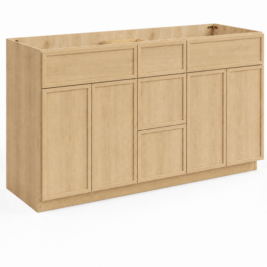 Slim Shaker Oak 60"W Double Sink Vanity Drawer Base Cabinet