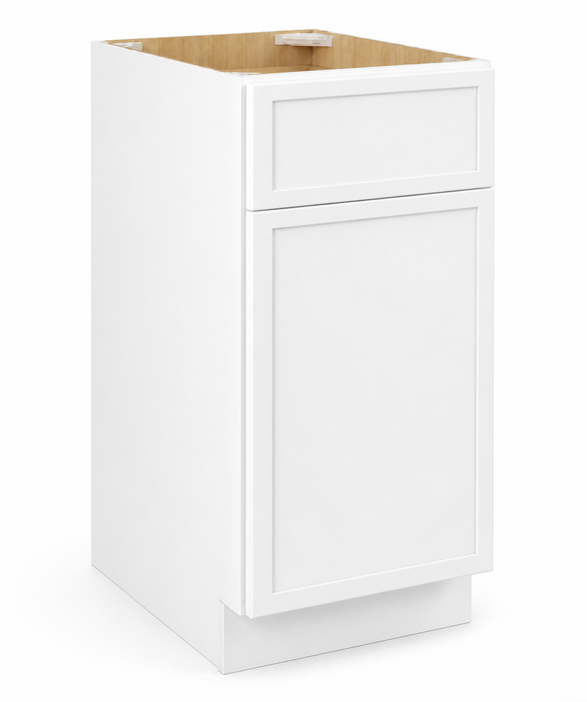 White cabinet with a wooden top on a white background ( USA Cabinets Outlet )