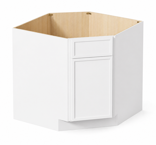 Slim White Shaker Corner Sink Base Cabinet with False Drawer