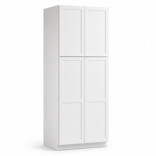 Slim White Shaker 30"W x 24"D Pantry Cabinet with 4 Doors — 2 Upper / 2 Lower