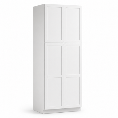 Slim White Shaker 30"W x 24"D Pantry Cabinet with 4 Doors — 2 Upper / 2 Lower