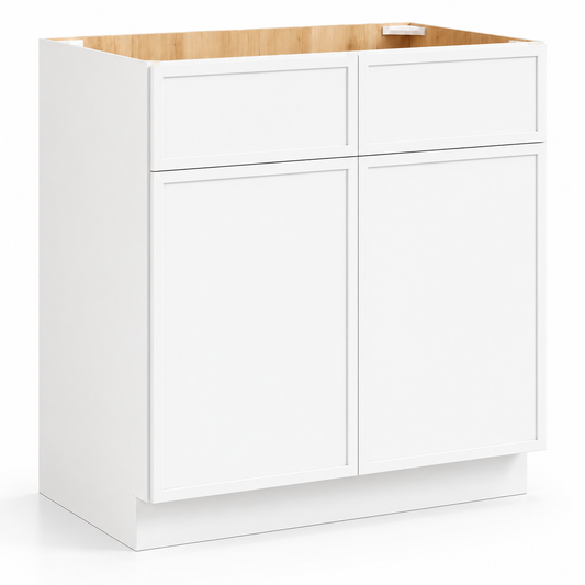 Slim White Shaker Double Vanity Sink Base Cabinet