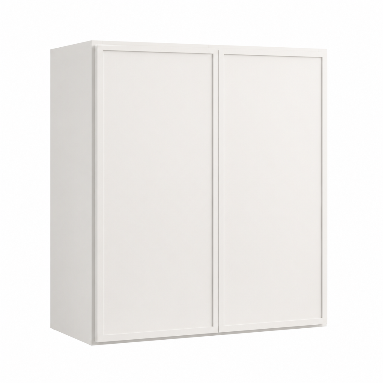 A white two-door wall cabinet with a minimalist design, shown against a plain white background ( USA Cabinets Outlet )