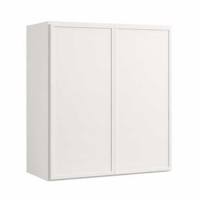 A white two-door wall cabinet with a minimalist design, shown against a plain white background ( USA Cabinets Outlet )