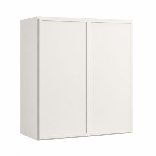A white two-door wall cabinet with a minimalist design, shown against a plain white background ( USA Cabinets Outlet )