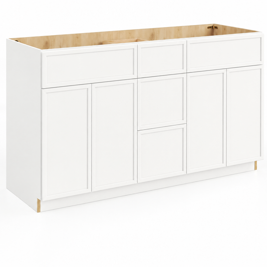 Slim Shaker White 60"W Double Sink Vanity Drawer Base Cabinet