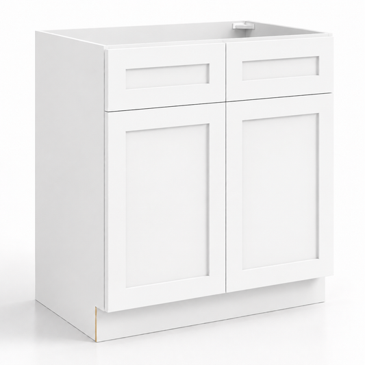 White cabinet with two doors and two drawers on a white background