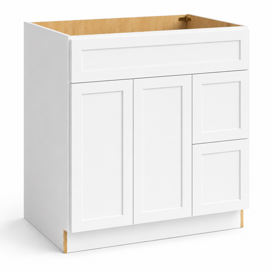 White kitchen cabinet with wooden top on a white background|USA Cabinets Outlet |
