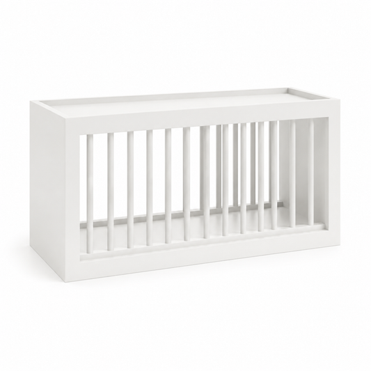 A white wooden storage bench with open slatted sides, shown on a clean white background ( USA Cabinets Outlet )