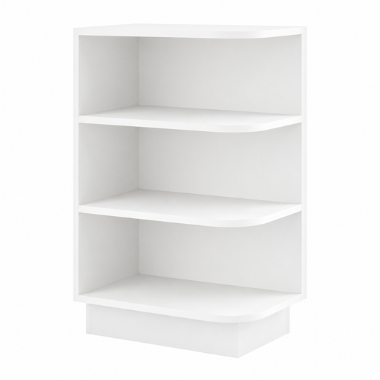A white three-tier corner bookshelf with a bottom storage drawer, shown on a solid white background.|USA Cabinets Outlet|