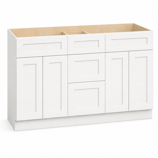 White Shaker 60"W Double Sink Vanity Drawer Base Cabinet