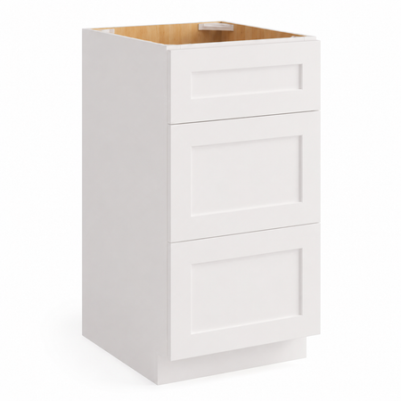 A three-drawer white kitchen base cabinet with a light wood top interior, shown on a clean white background at USA Cabinets Outlet