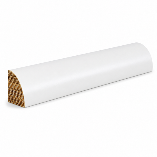A curved white PVC or polypropylene trim piece with a layered wood-grain backing visible on one end, shown on a clean white background | USA Cabinets Outlet 