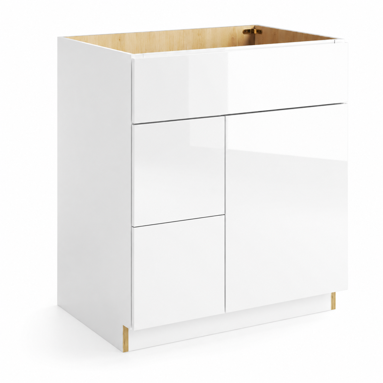 A modern kitchen white vanity cabinet with a glossy high-gloss finish, featuring a two-drawer upper section and a lower cabinet with a door and drawer, shown with a light wood interior top and small gold-toned hardware accents | USA Cabinets Outlet 