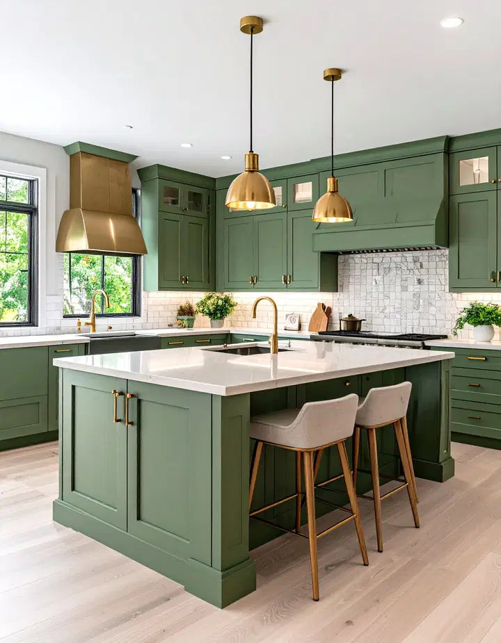 Modern kitchen with green cabinets, white countertops, and gold fixtures ( USA Cabinets Outlet )