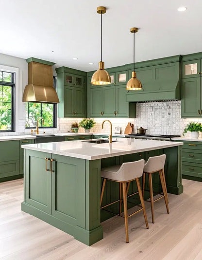 Modern kitchen with green cabinets, white countertops, and gold fixtures ( USA Cabinets Outlet )