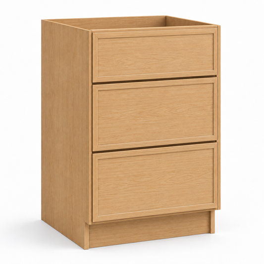 A three-drawer wooden cabinet or dresser base in a light oak finish, shown from a three-quarter angle on a white background at USA Cabinets Outlet