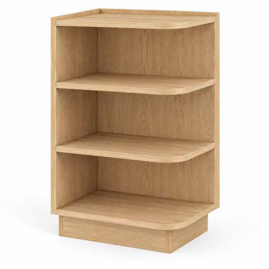 A three-tier wooden bookcase with rounded corners and a low base shelf, shown on a plain white background.| USA Cabinets Outlet|