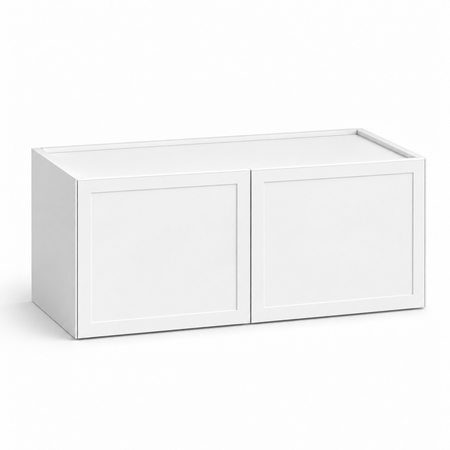 A white wall-mounted storage cabinet with two paneled doors, shown from a three-quarter angle on a clean white background at USA Cabinets Outlet