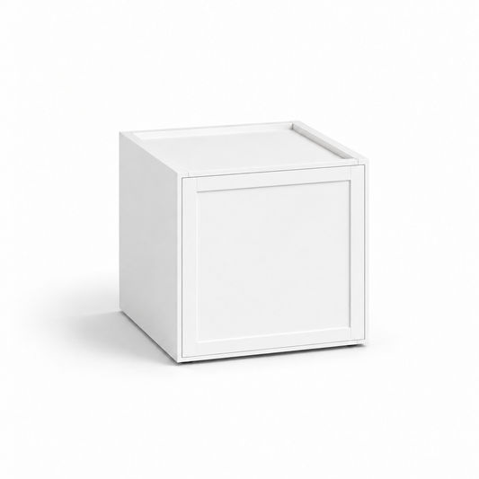 A minimalist white cube storage box with a recessed front panel and a small cutout on the top lid, shown on a clean white background at USA Cabinets Outlet