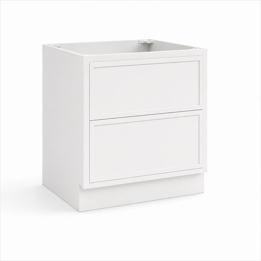 A white two-drawer vanity cabinet with a recessed panel design and a top opening, shown on a clean white background.| USA Cabinets Outlet|