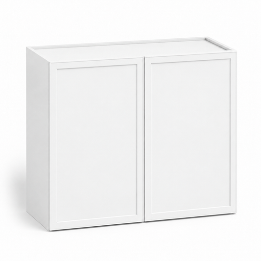 A white two-door cabinet with a recessed panel design on a clean white background at USA Cabinets Outlet
