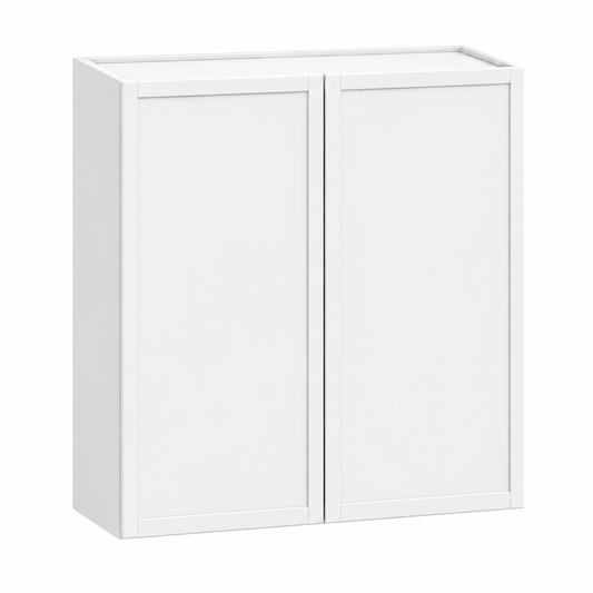 A white two-door wall cabinet with a flat top, shown from a three-quarter angle on a solid white background at USA Cabinets Outlet