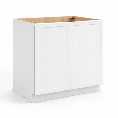 A white double-door base cabinet shown from a three-quarter angle on a clean white background, with the natural wood interior top visible at USA Cabinets Outlet.