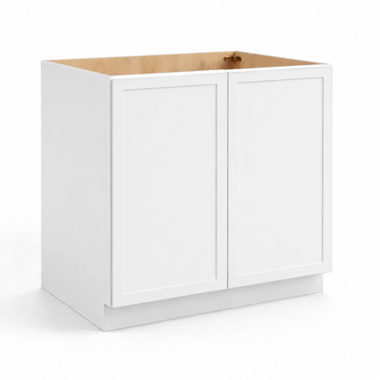 A white double-door base cabinet shown from a three-quarter angle on a clean white background, with the natural wood interior top visible at USA Cabinets Outlet.