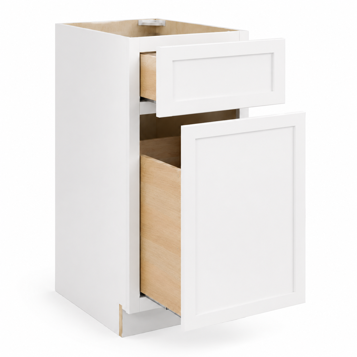 White kitchen base cabinet with one top drawer and one lower door, both pulled open to show the light wood interior, photographed on a clean white background| USA Cabinets Outlet|