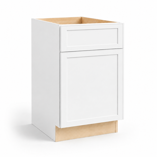 A white shaker-style base cabinet with a single drawer on top and a large lower door, shown on a clean white background with natural wood backing visible at the top and bottom at USA Cabinets Outlet