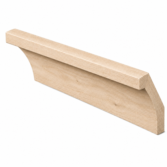 A single light natural wood molding piece with a curved, bracket-like profile, shown on a plain white background | USA Cabinets Outlet 