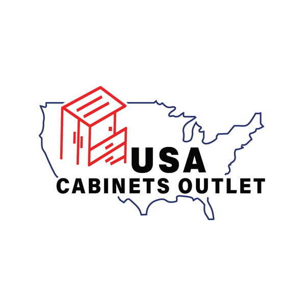 Logo of USA Cabinets Outlet with a cabinet icon on a map outline of the United States.
