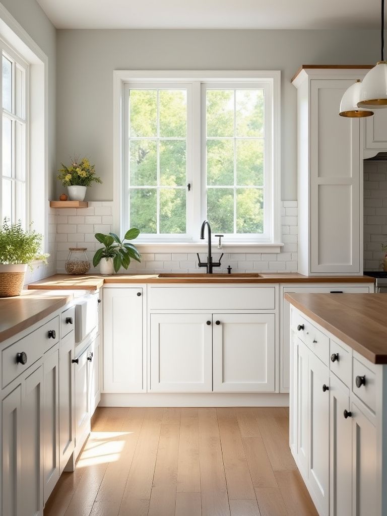 Modern kitchen with white cabinets, wooden countertops, and a large window( USA Cabinets Outlet )